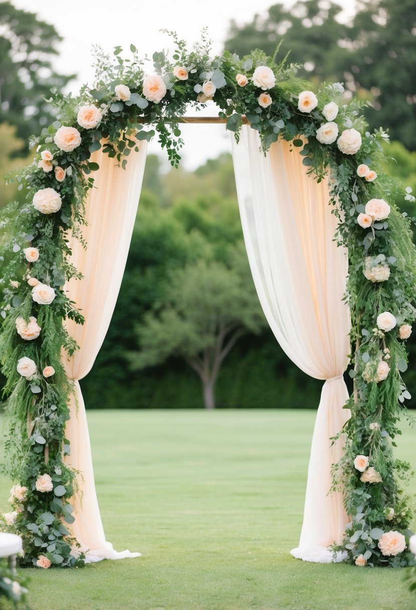 A wedding arch adorned with lush greenery in shades of peach and sage green, creating a serene and elegant atmosphere