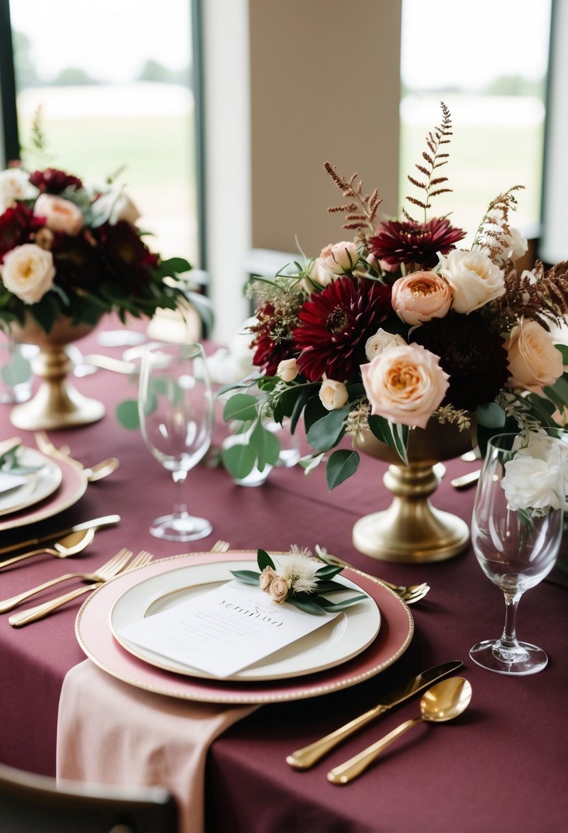 A maroon and blush wedding table setting with elegant floral centerpieces and gold accents