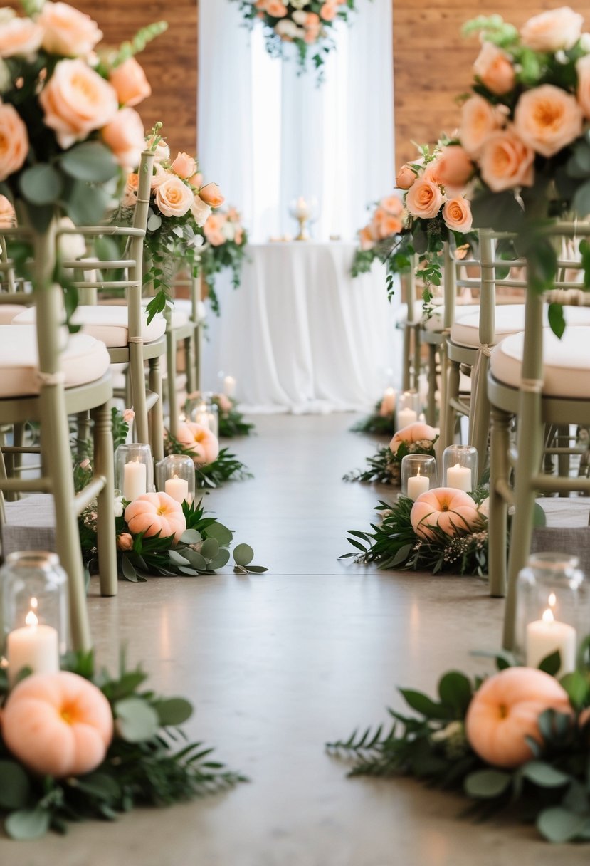 Aisle lined with peach floral arrangements and sage green accents