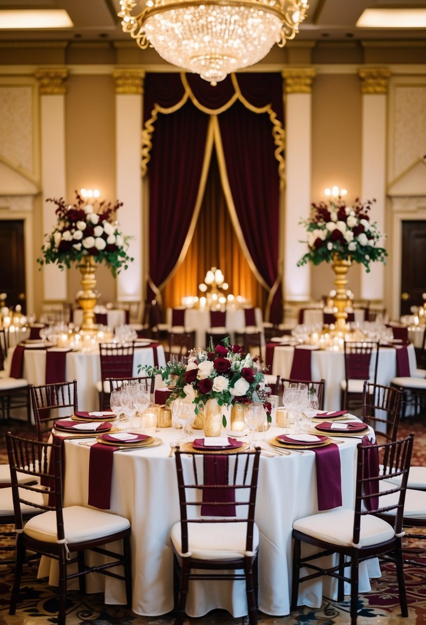 A grand ballroom adorned with maroon and gold decor, featuring elegant floral arrangements and opulent table settings