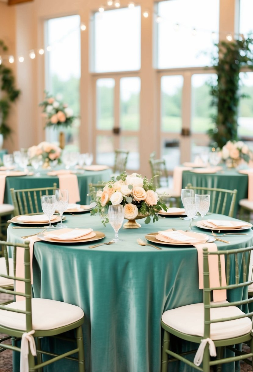 Sage green velvet tablecloths adorned with peach and sage green wedding decor, creating a serene and elegant atmosphere