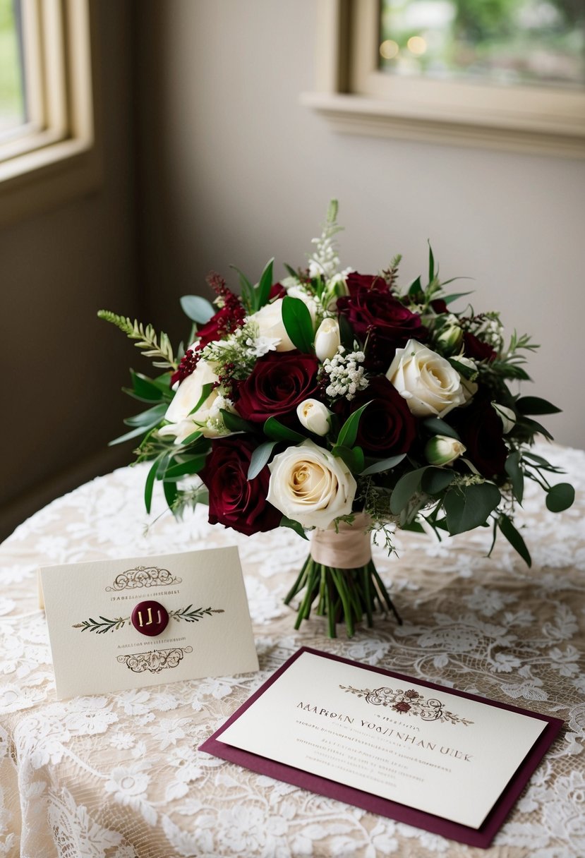 A maroon wedding bouquet with ivory accents sits on a lace-covered table next to a vintage-inspired invitation suite