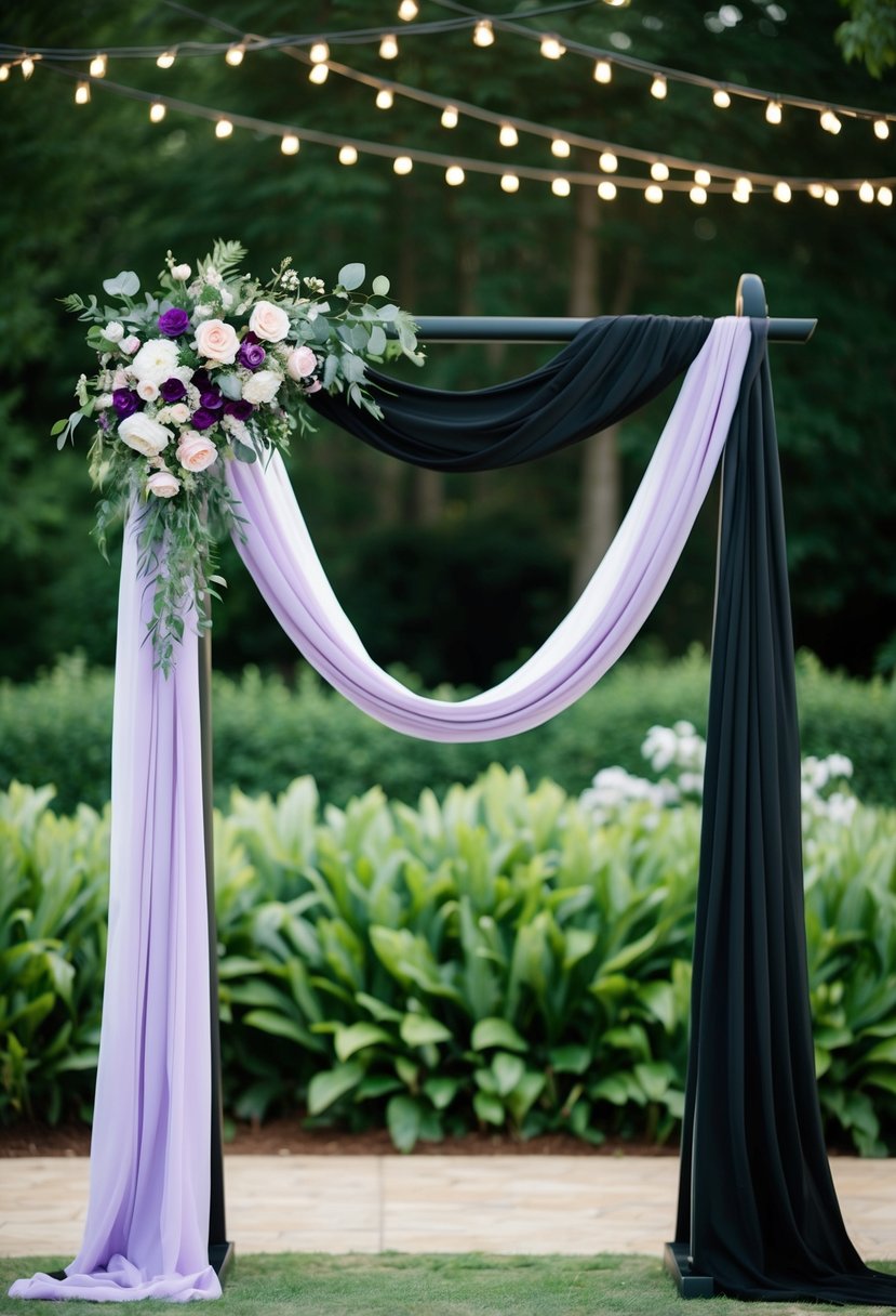 A black and purple wedding arch adorned with flowers and draped fabric, set against a backdrop of lush greenery and twinkling string lights