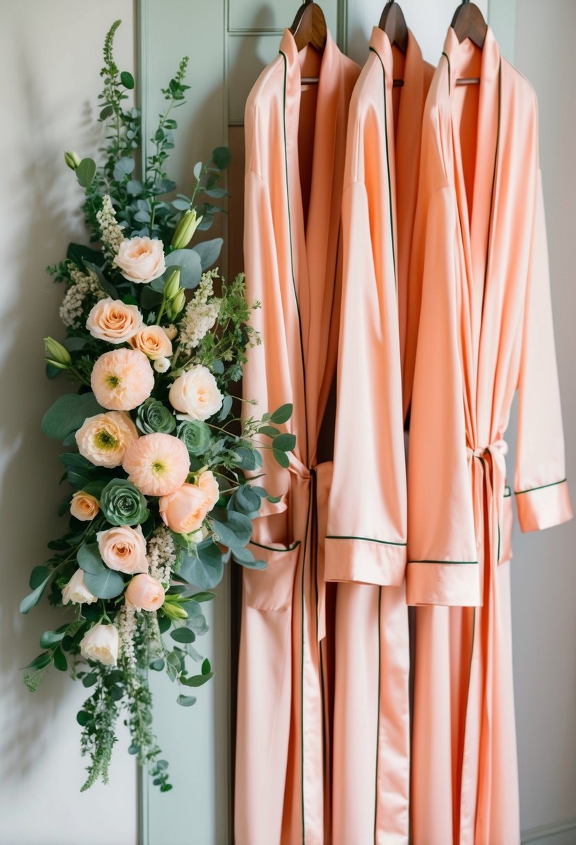 Peach-toned robes hang next to sage green floral arrangements