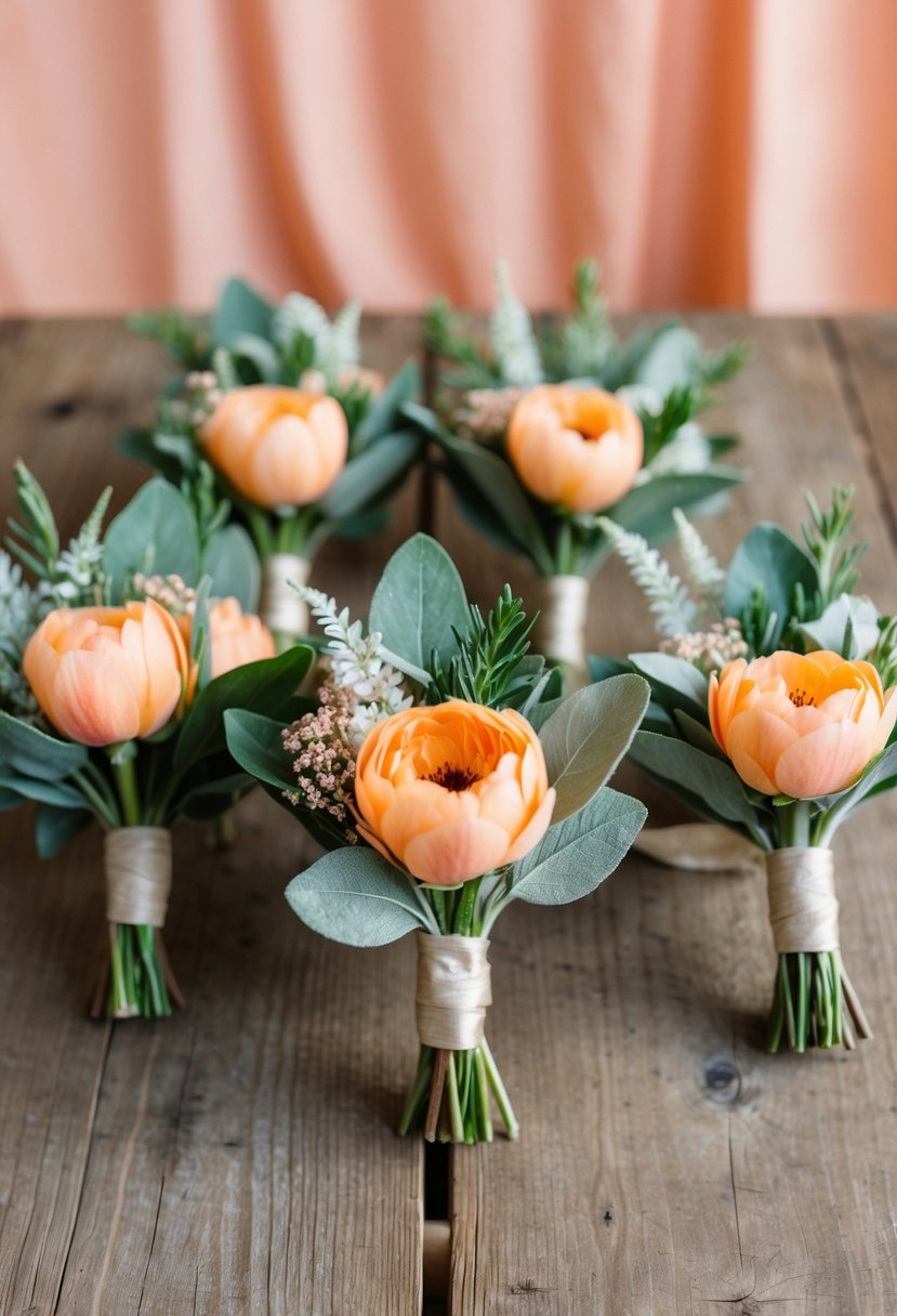 Peach and sage boutonnières arranged on a rustic wooden table with greenery and soft peach fabric background