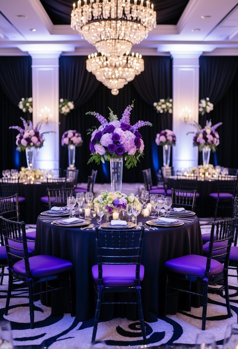 A lavish reception space with opulent black and purple decor, featuring elegant floral arrangements and sparkling crystal accents