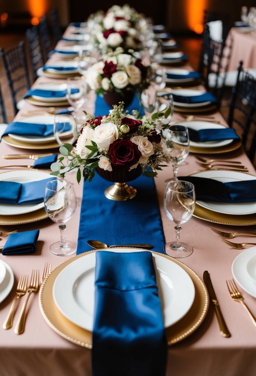 A maroon and navy blue wedding table setting with floral centerpieces and elegant place settings