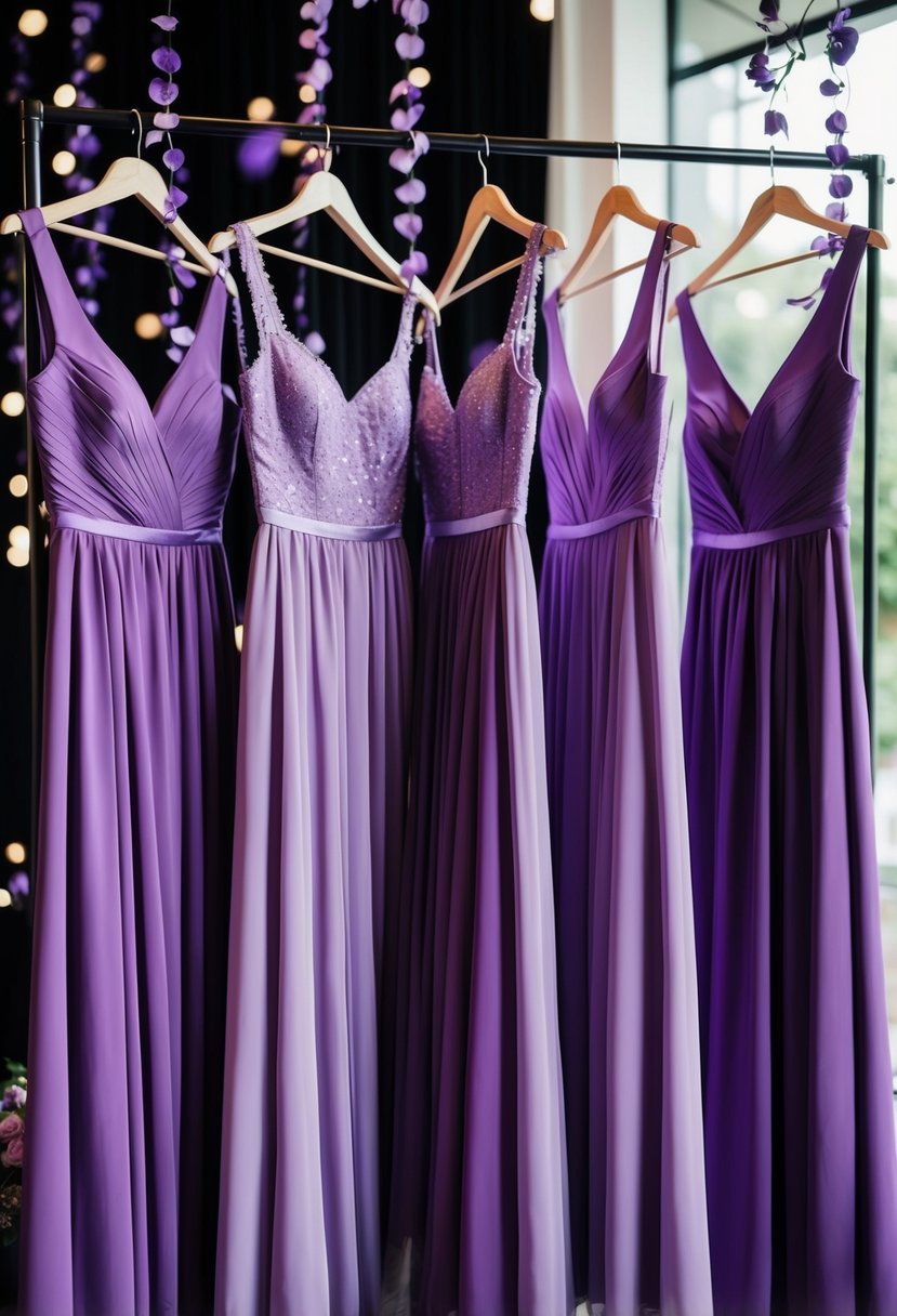 A group of elegant purple lilac bridesmaid dresses displayed with black and purple wedding decor