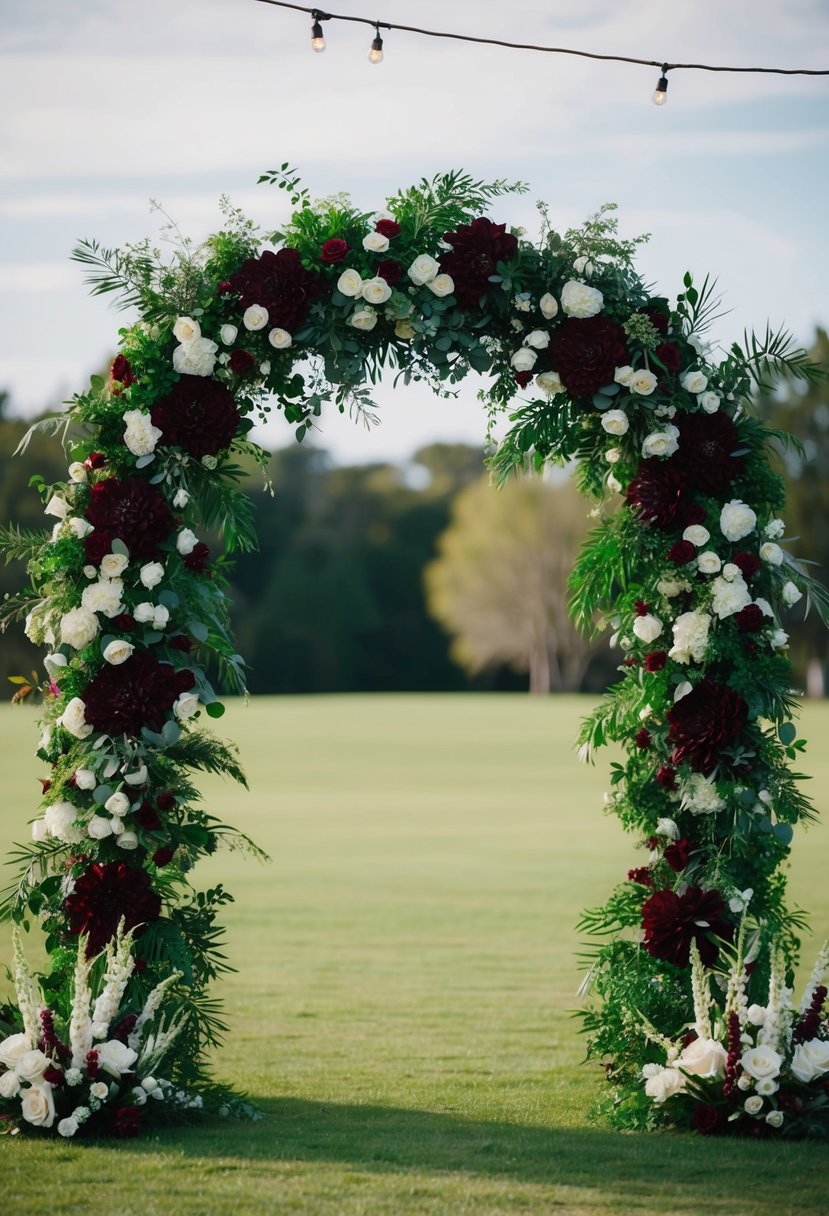 A maroon and emerald green wedding arch adorned with lush floral arrangements and twinkling fairy lights