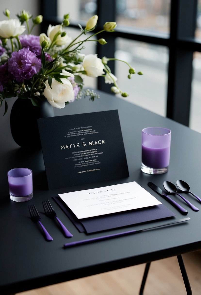 A matte black and purple invitation suite arranged on a sleek, modern table with elegant floral accents