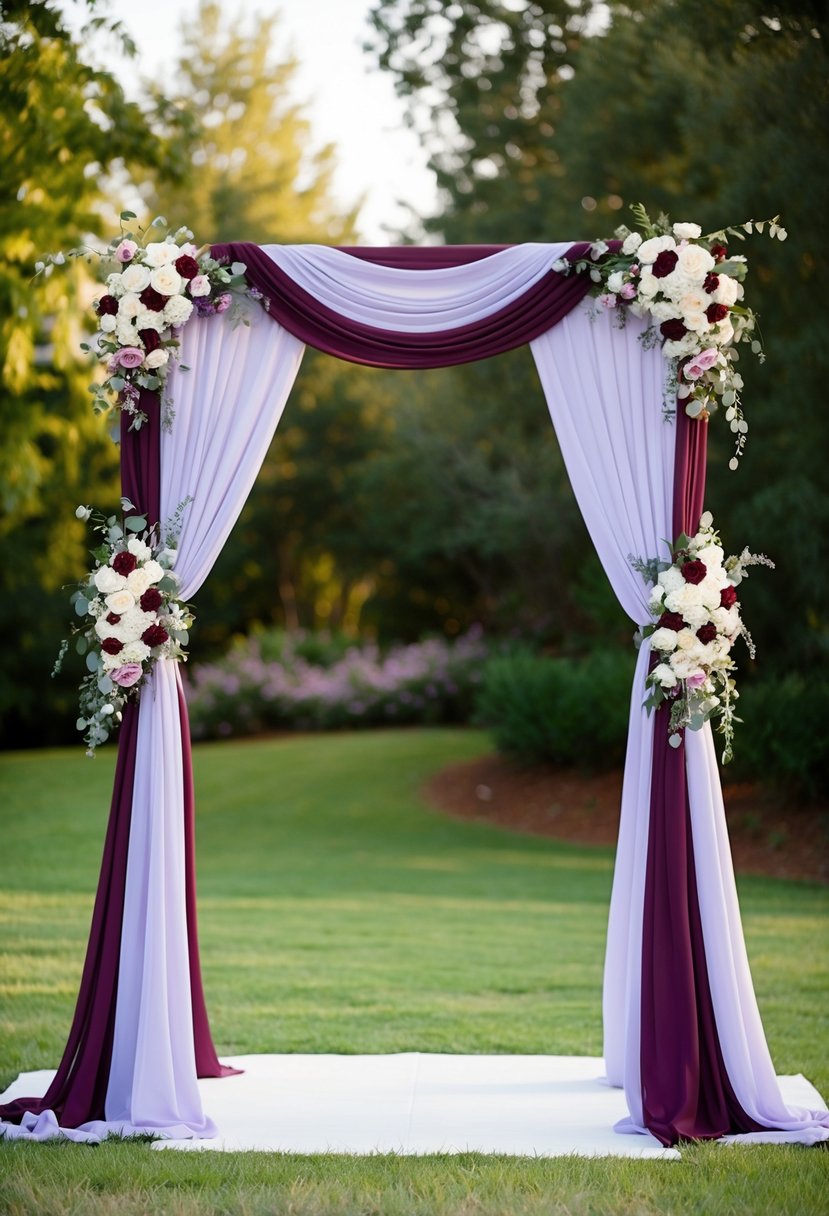 A maroon and lavender wedding arch adorned with flowers and draped fabric in a romantic outdoor setting