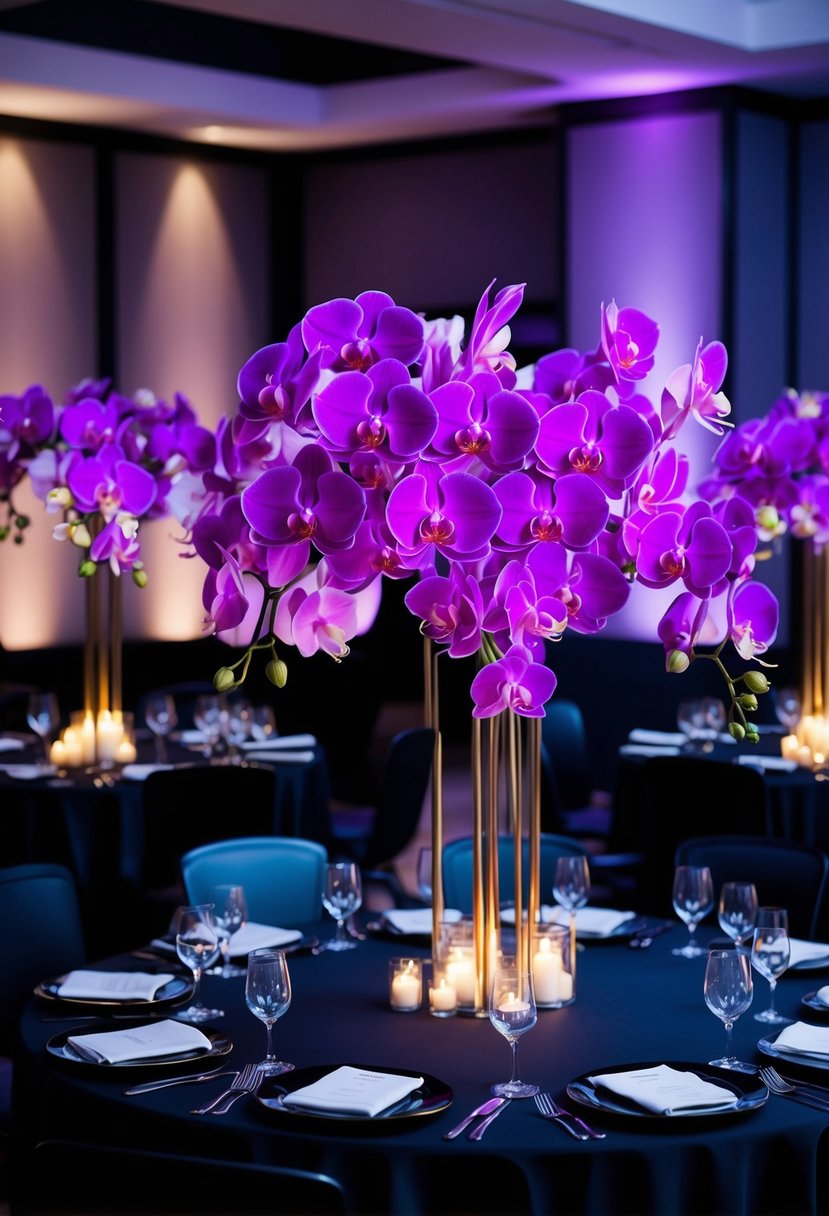 A dimly lit room with elegant purple orchid centerpieces adorning black tables, creating a moody and sophisticated ambiance for a wedding