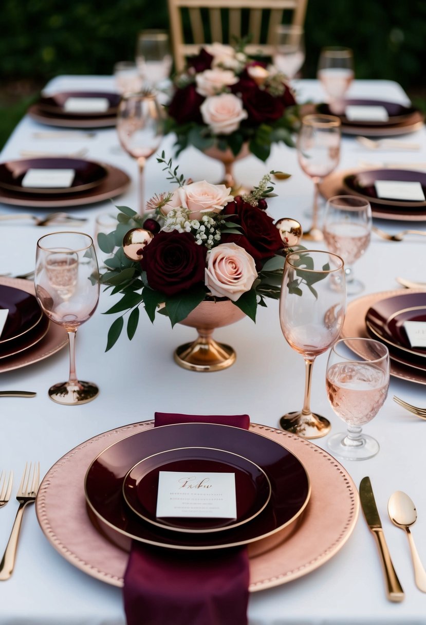 A maroon and rose gold wedding table setting with elegant floral centerpieces and metallic accents