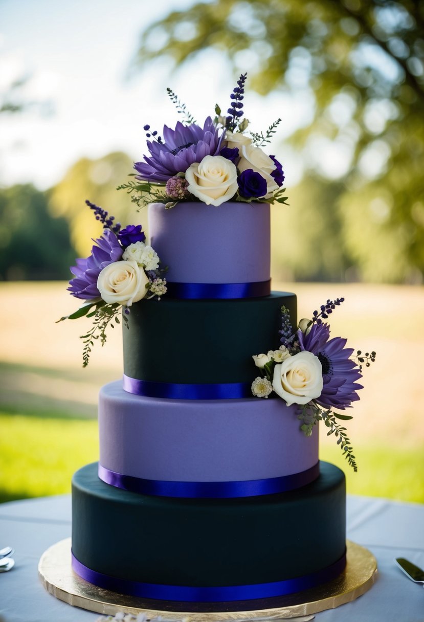 A three-tiered wedding cake with alternating layers of black and purple, adorned with elegant floral decorations