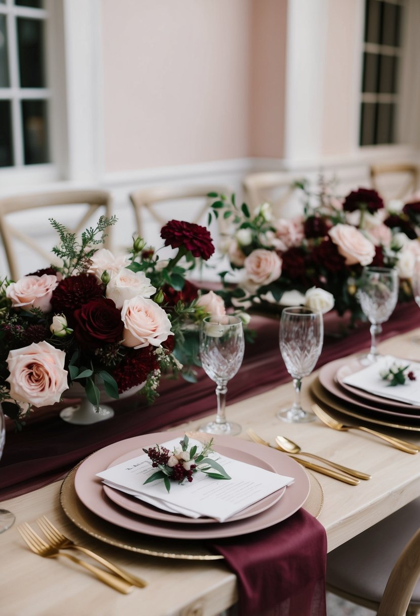 A maroon and soft blush color palette adorns a wedding table setting with floral arrangements and elegant decor