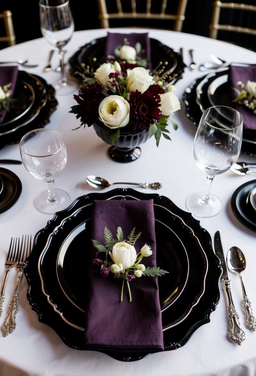 Elegant black and eggplant table settings with ornate silverware and floral centerpieces