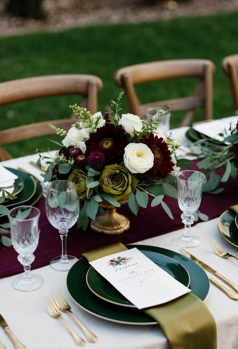 A vintage maroon and olive green wedding table setting with floral centerpieces and elegant place settings