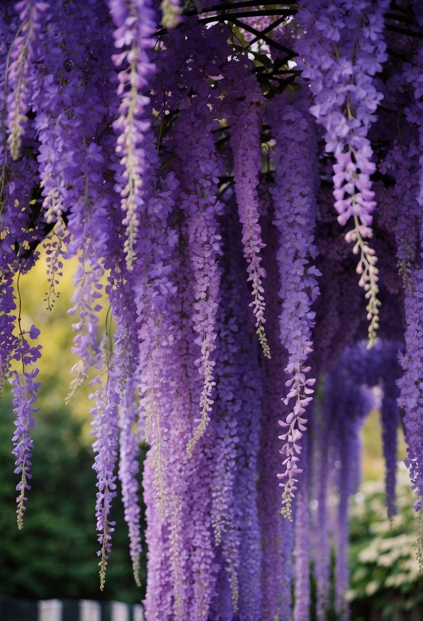 A lush archway of cascading purple wisteria against a black and purple wedding color scheme