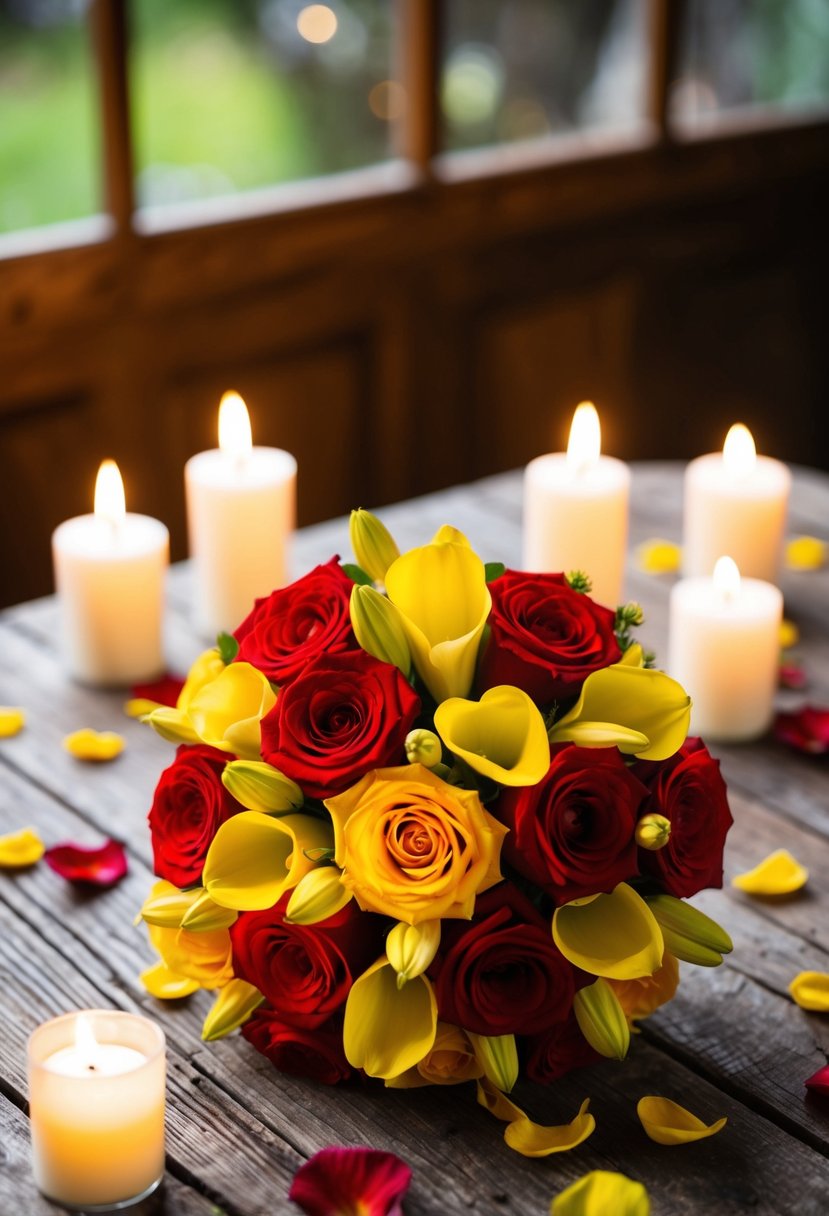 A vibrant red and yellow wedding bouquet sits on a rustic wooden table, surrounded by scattered petals and flickering candlelight