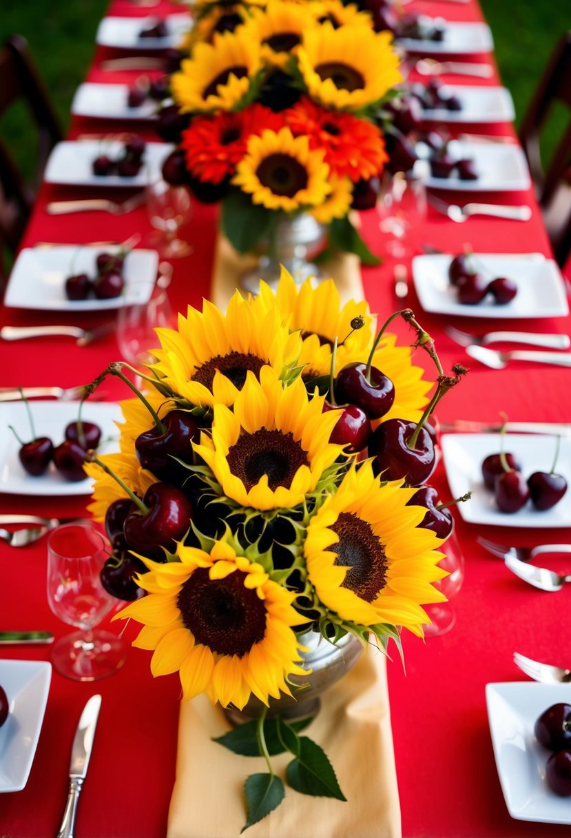 Sunflowers and cherries arranged in vibrant red and yellow centerpieces for a wedding celebration