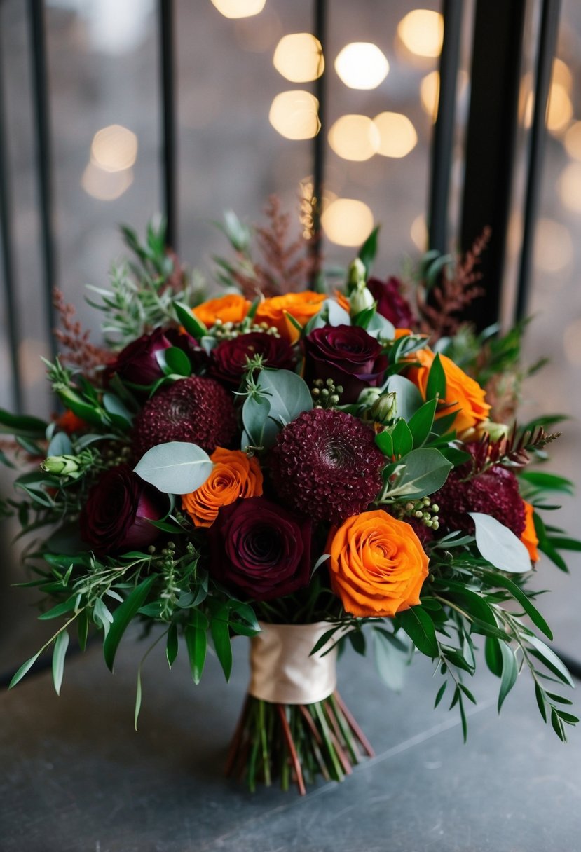 A bold maroon and burnt orange wedding bouquet with lush greenery and elegant ribbon