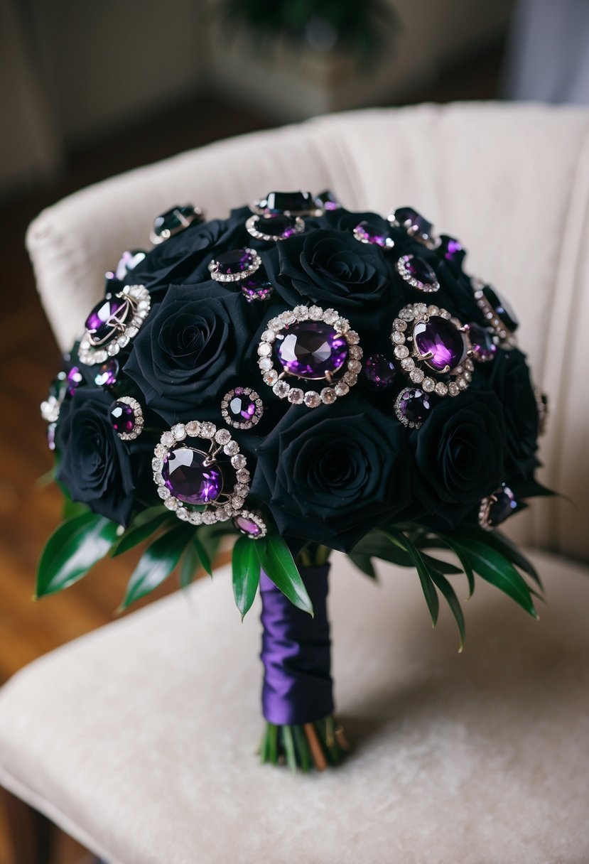 A regal black and amethyst wedding bouquet with shimmering jewels