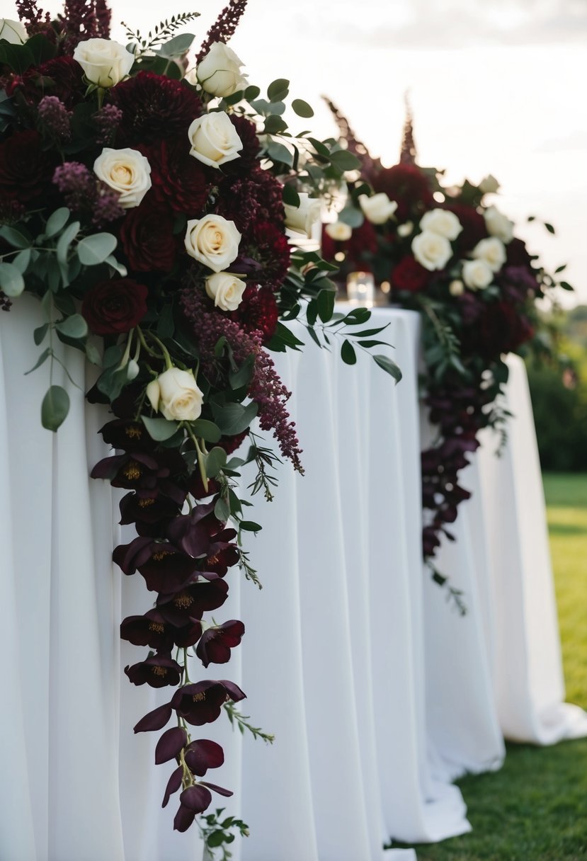 A maroon and deep plum floral arrangement cascading down a white wedding table