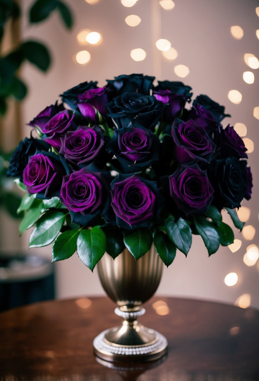 A lush bouquet of dark purple and black roses arranged in an elegant vase