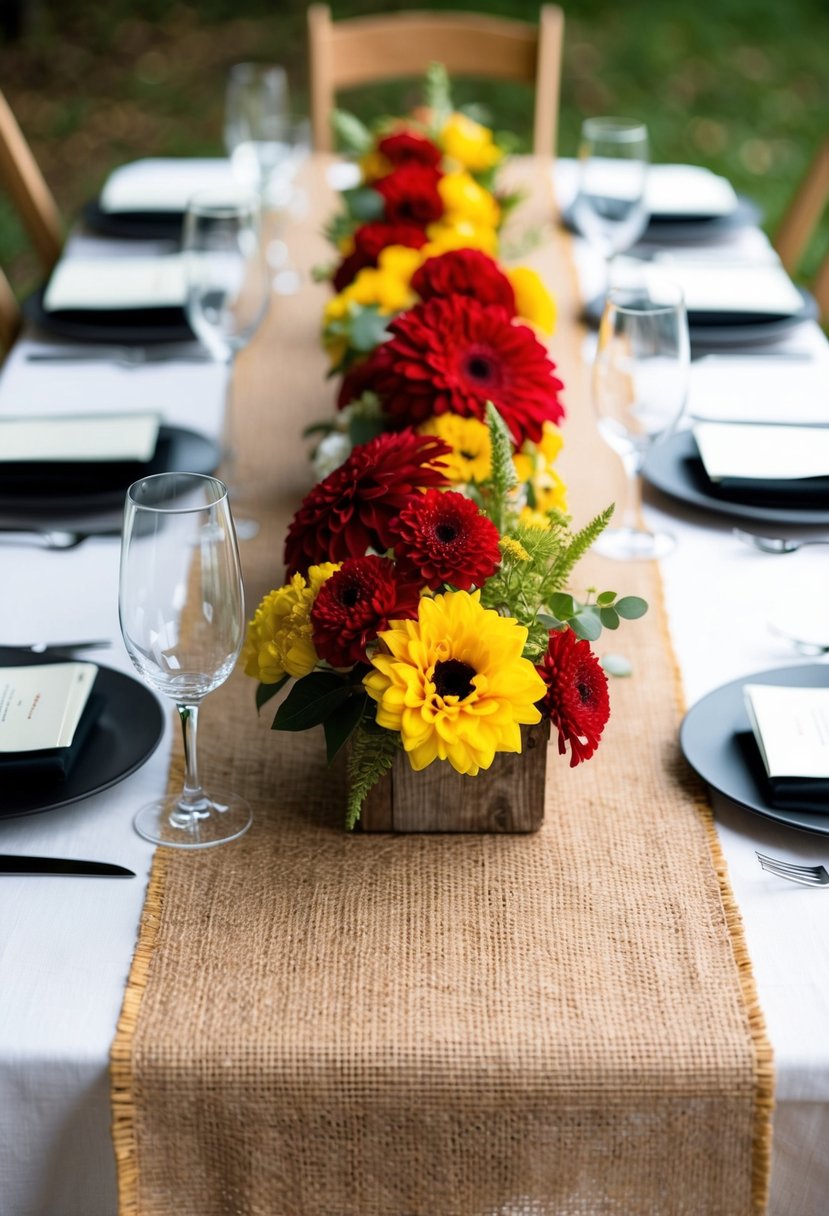 A rustic burlap table runner with red and yellow floral centerpieces