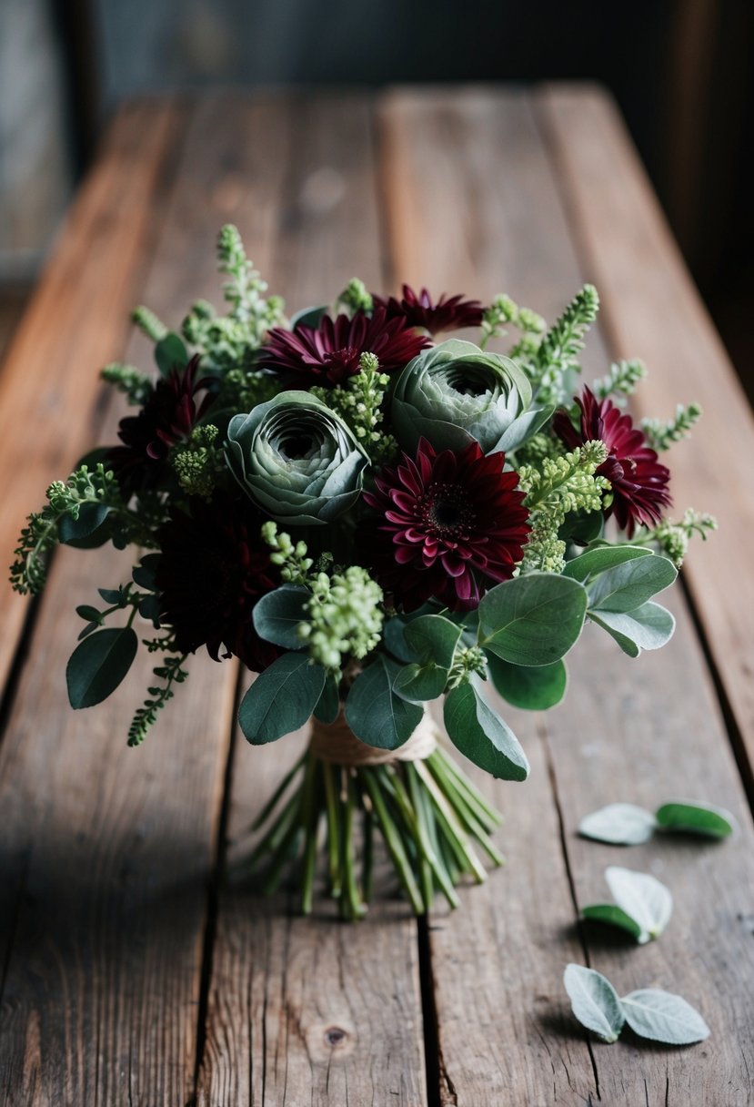 A bouquet of maroon and sage green flowers on a rustic wooden table