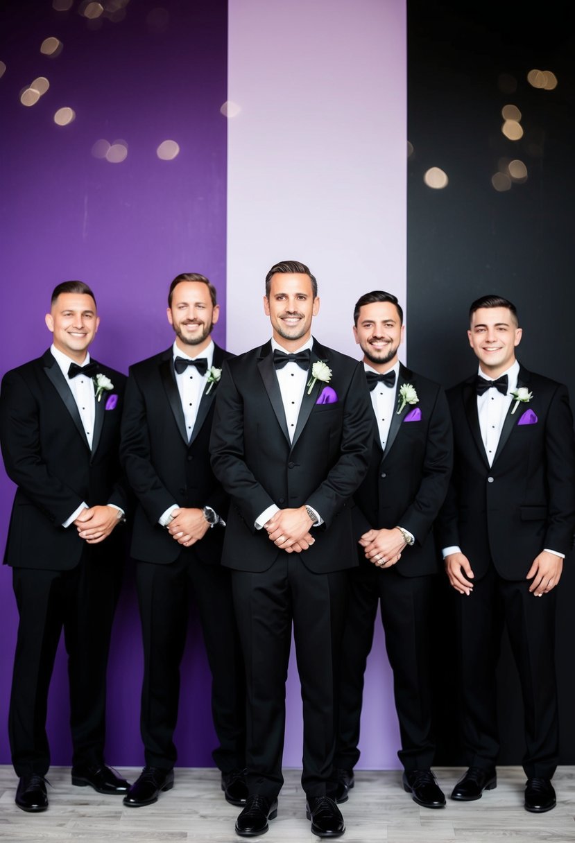 A groom and groomsmen in black tuxedos with purple pocket squares and boutonnieres stand against a black and purple backdrop