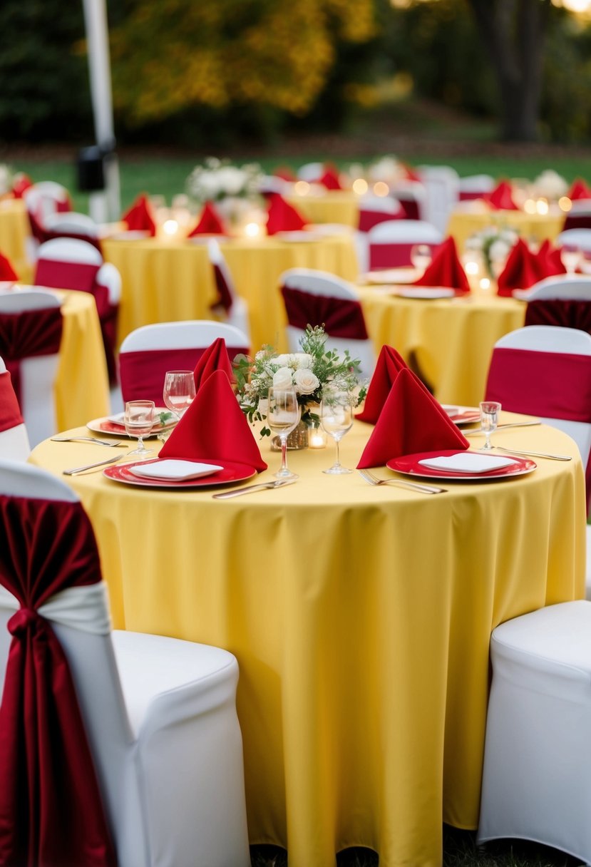 Golden yellow tablecloths with red napkins arranged on a wedding reception table