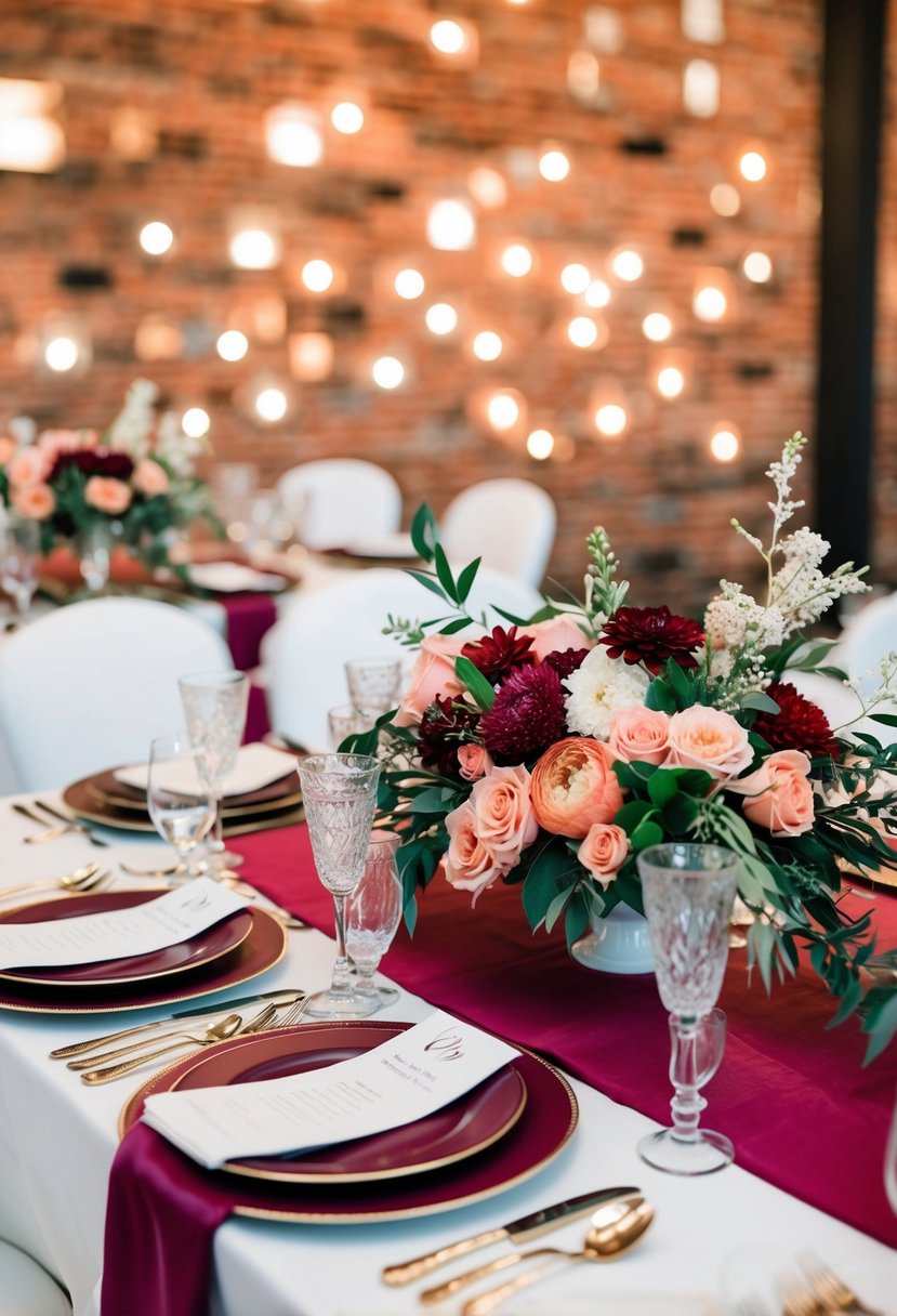 A chic maroon and coral wedding table setting with floral centerpieces and elegant place settings