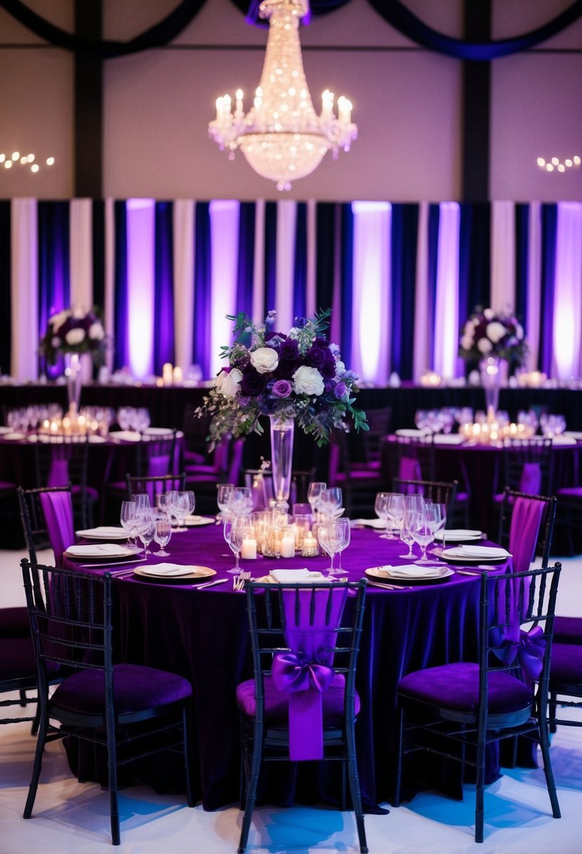 A grand banquet table adorned with lavish purple velvet linens, set against a backdrop of black and purple wedding decor