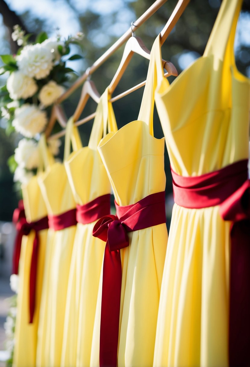 Lemon yellow dresses with red sashes in a wedding setting