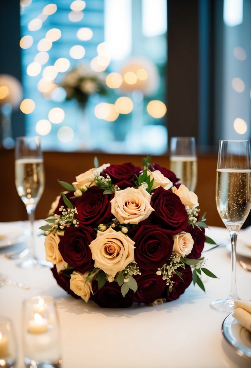 A maroon wedding bouquet with champagne accents on a table