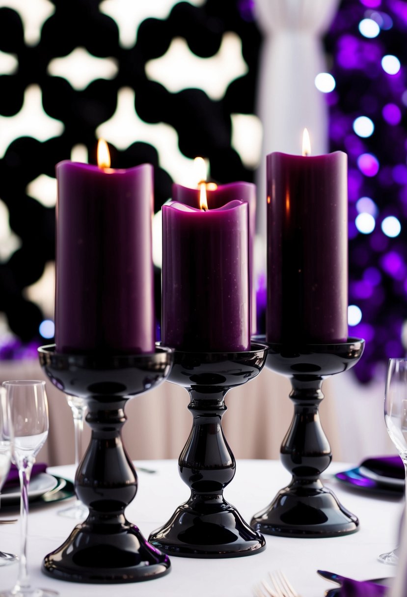 Elegant black candle holders adorned with deep purple candles, set against a backdrop of chic black and purple wedding decor