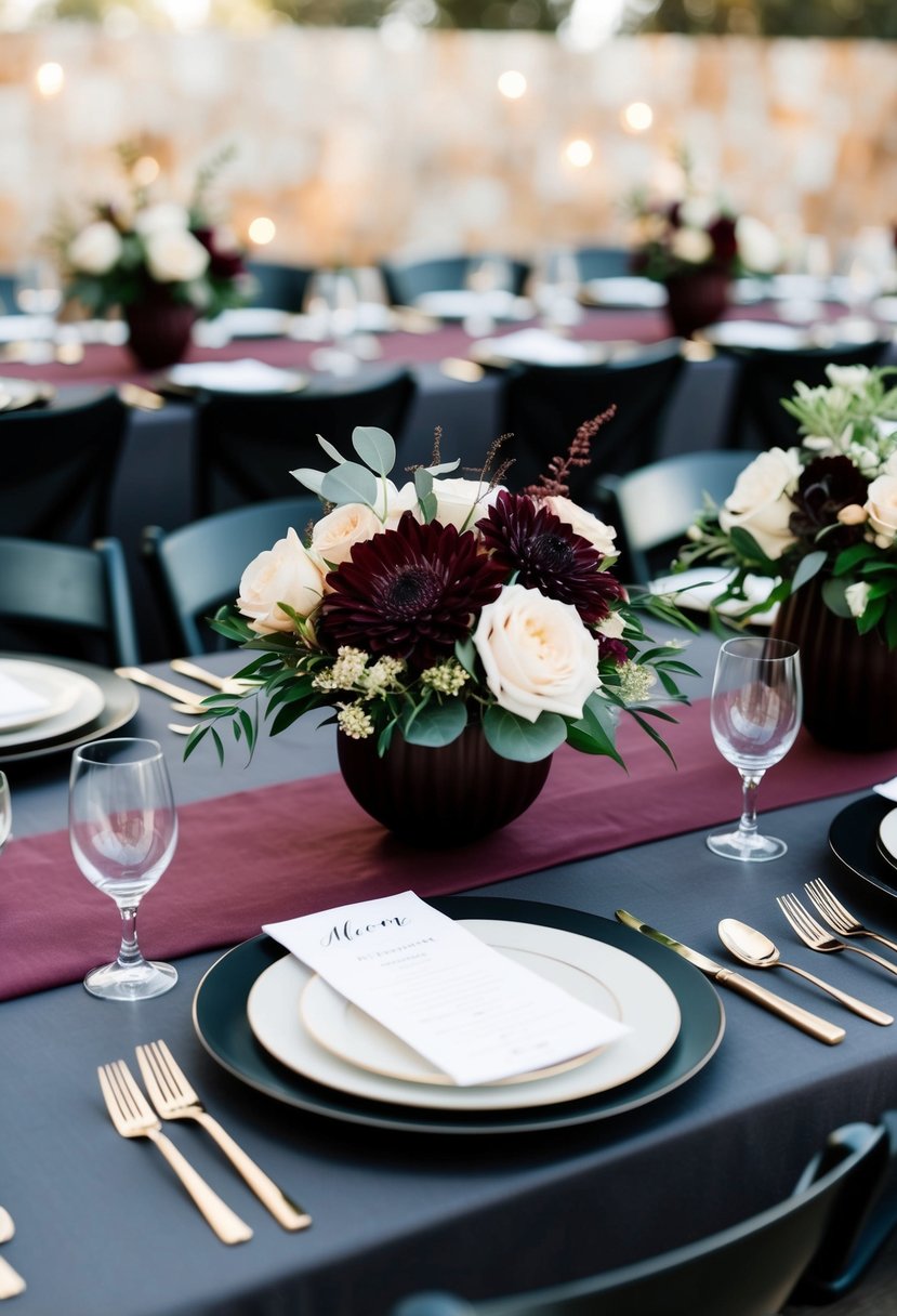 A modern maroon and charcoal wedding table setting with contrasting floral centerpieces and elegant place settings