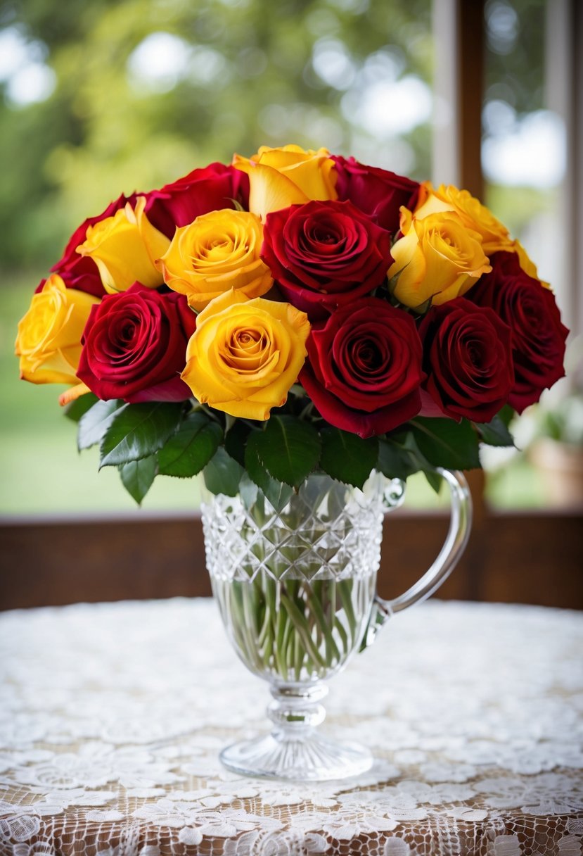 A vibrant bouquet of red and yellow roses arranged in a crystal vase on a lace-covered table