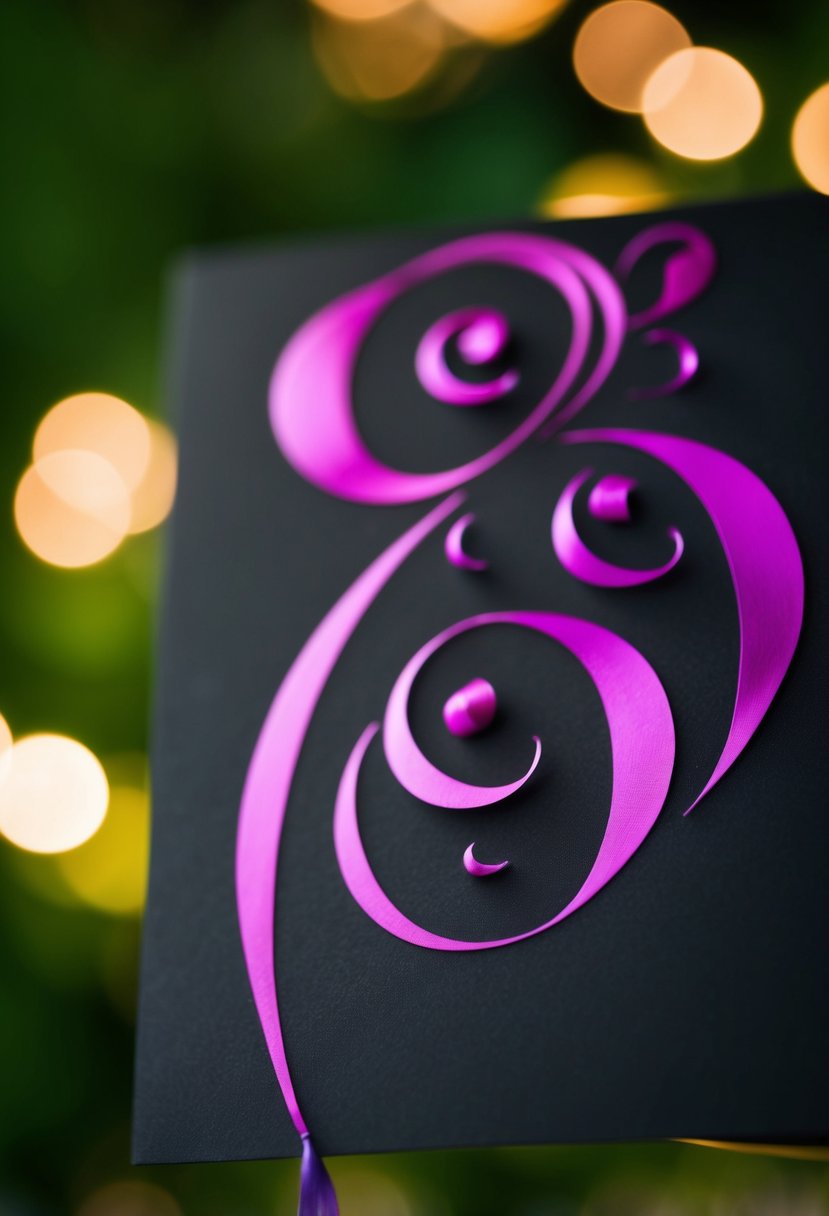 A black paper with elegant purple calligraphy swirls