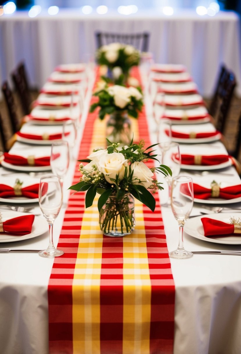 A table set with red and yellow gingham table runners, adorned with matching wedding decor