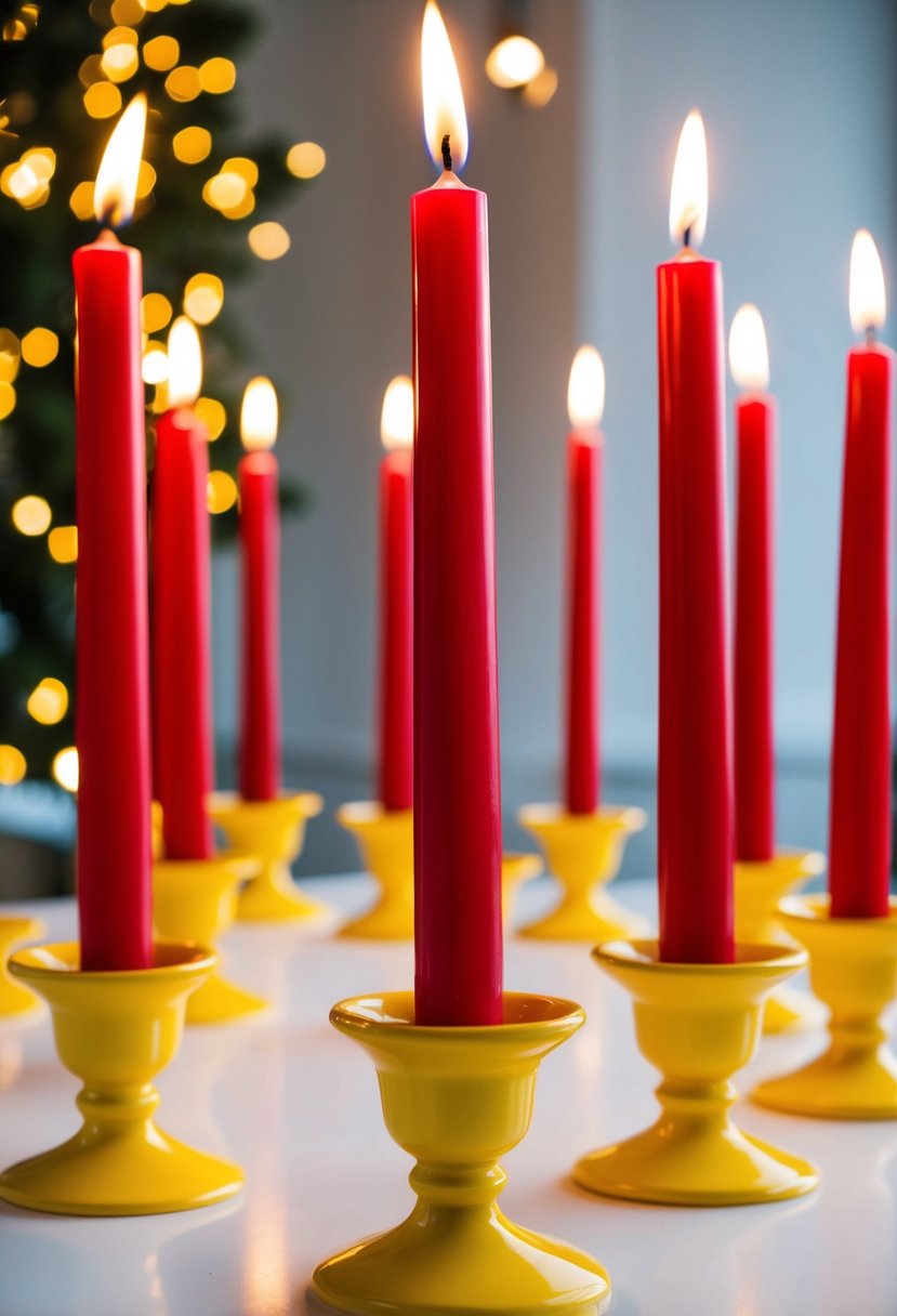 Crimson red candles in yellow holders arranged on a white table