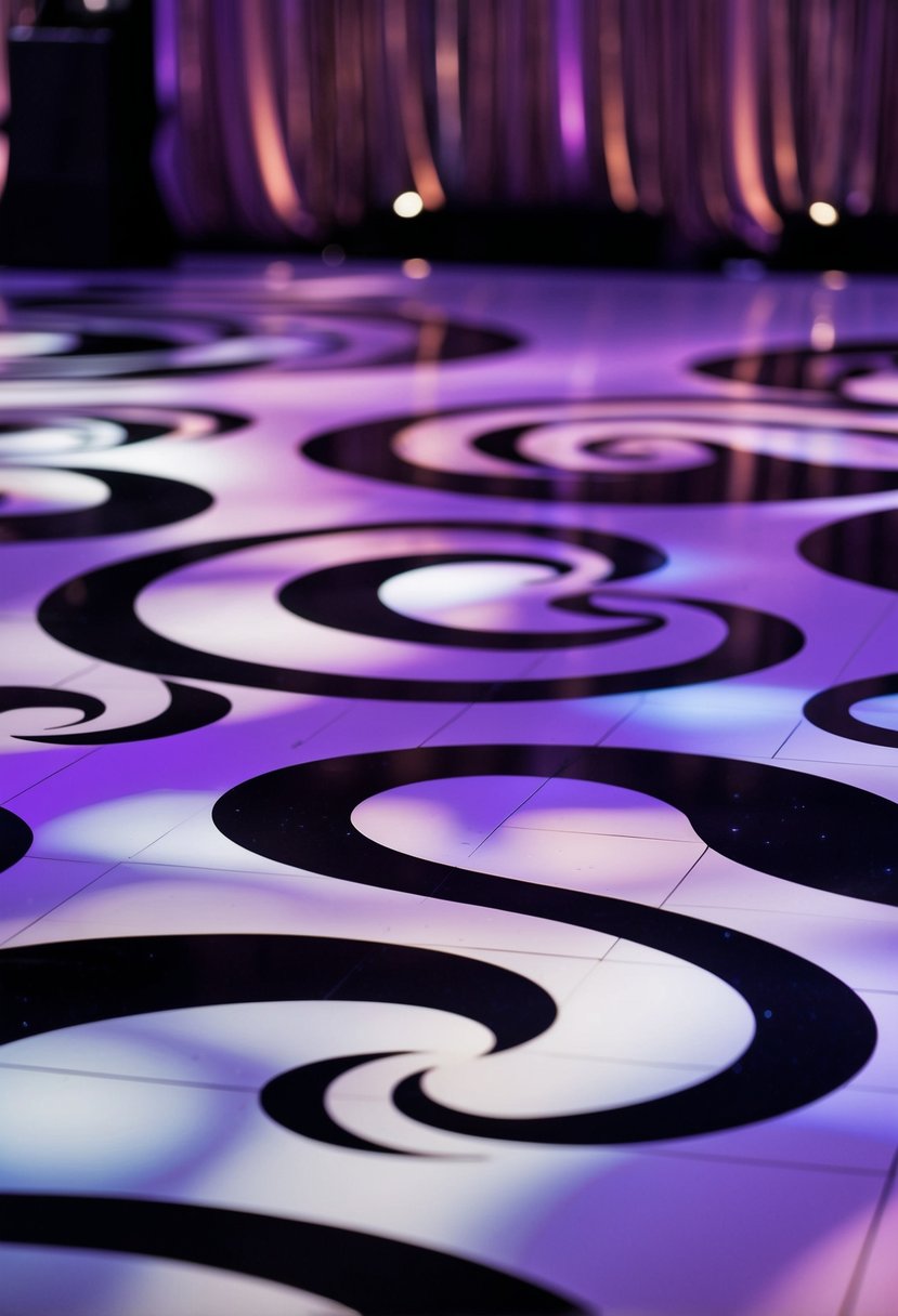 A whimsical dance floor with swirling black and lavender patterns