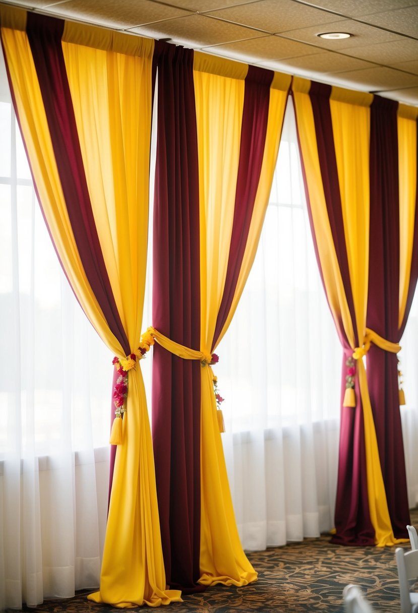 Marigold yellow and burgundy drapes hanging in a wedding venue, with red and yellow accents throughout the decor