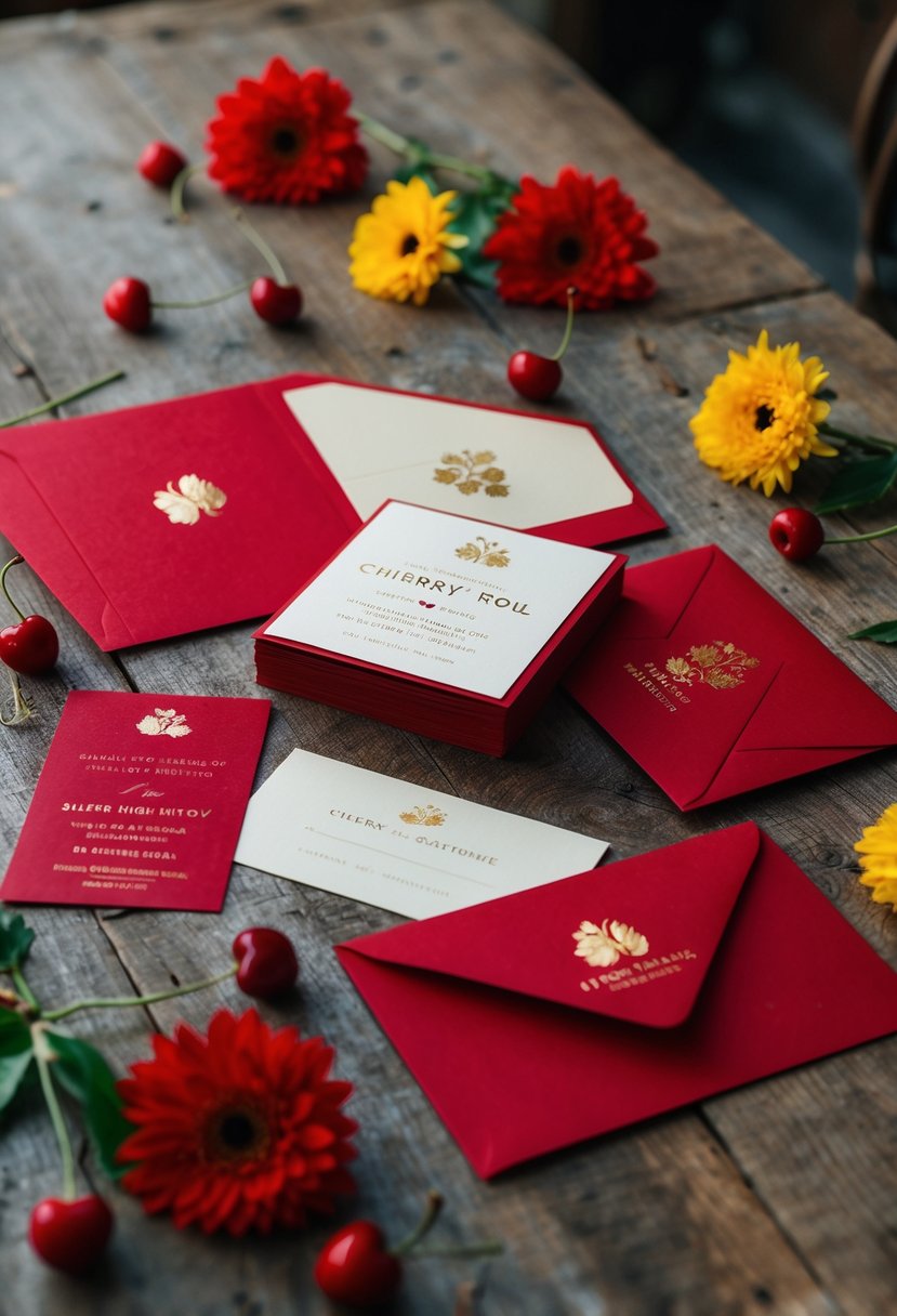 Cherry red wedding invitations with gold foil arranged on a rustic wooden table with scattered red and yellow floral accents