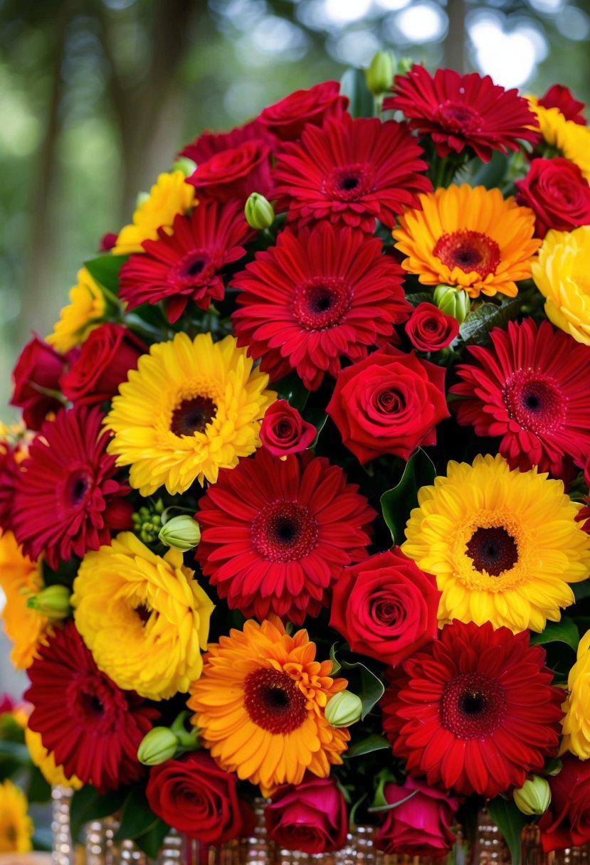 Vibrant red and yellow flowers arranged in a decorative display for a wedding