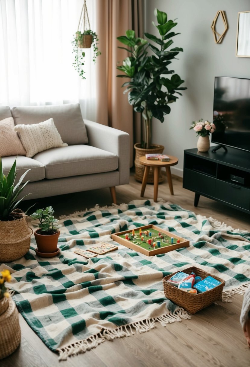 A cozy living room with a picnic blanket spread out on the floor, surrounded by potted plants and flowers. A board game and a basket of snacks sit nearby