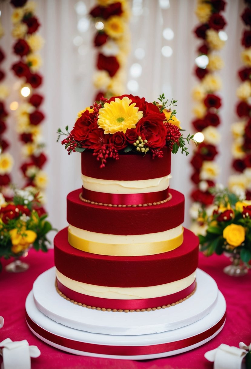 A three-tiered red velvet cake with lemon curd filling, adorned with red and yellow flowers and ribbons, set against a backdrop of matching wedding decor