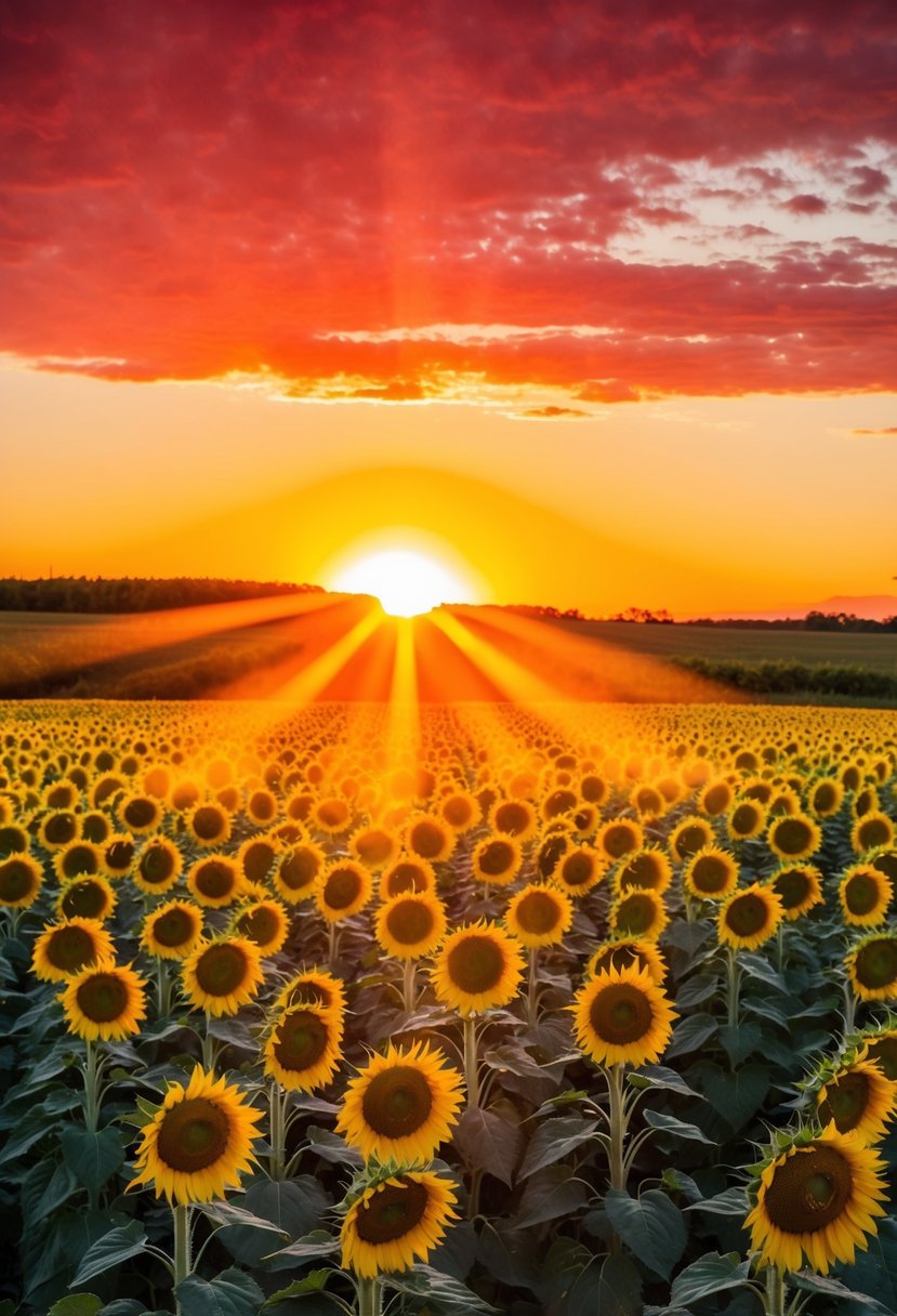 A vibrant sunset over a rolling field of sunflowers, with a fiery red sky and bright yellow sunbeams