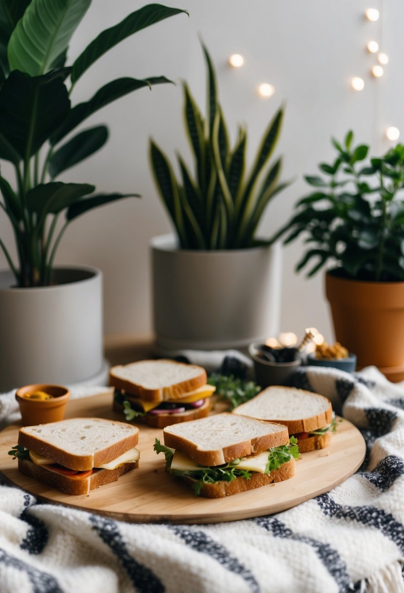 An indoor picnic with homemade sandwiches, set on a cozy blanket surrounded by potted plants and soft lighting